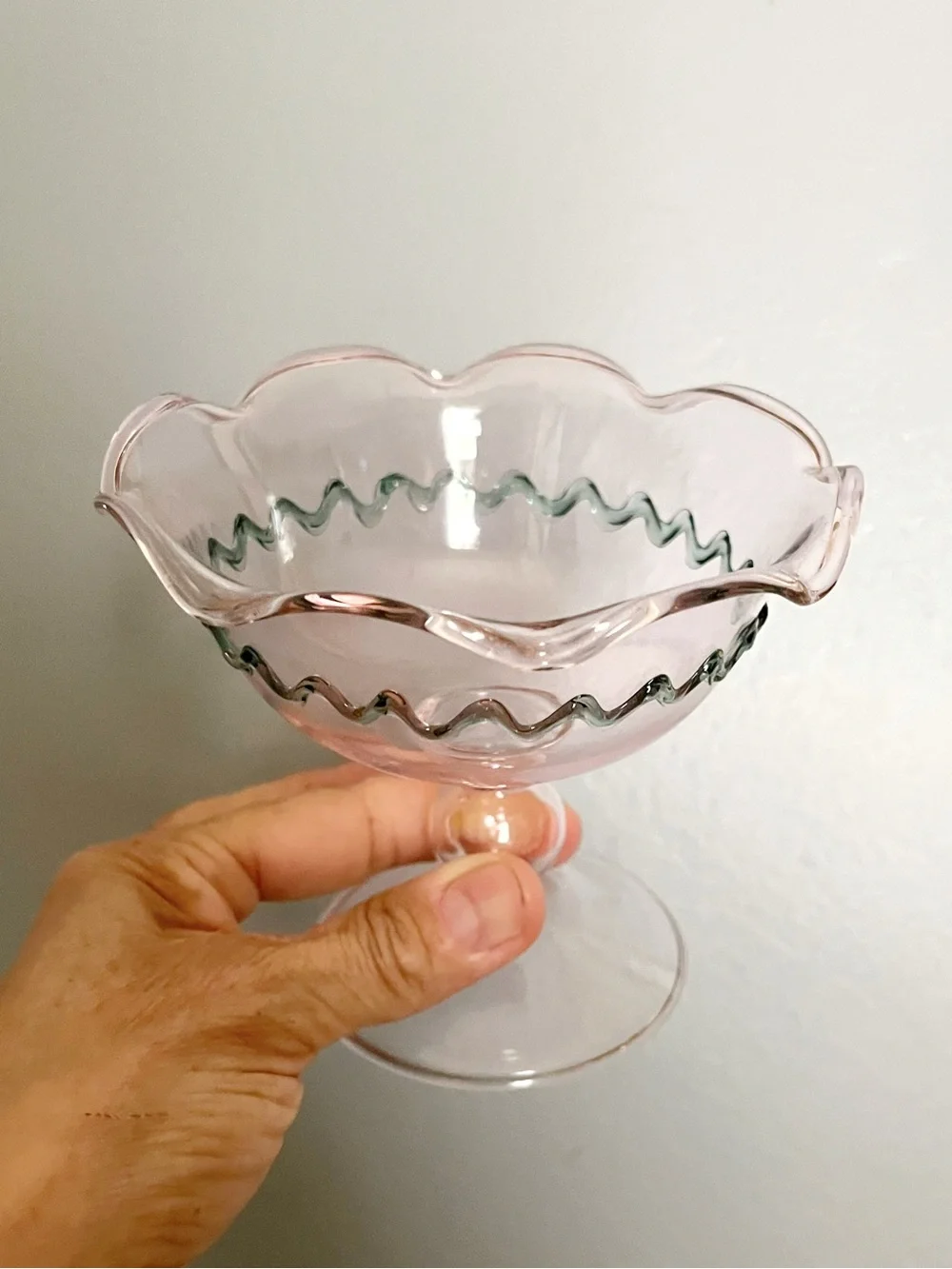 RARE Anthropologie Ballet Dessert Coupe Compote Glass, Pink w/Green Trim